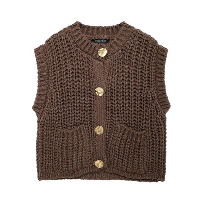 Gilet sans manches en maille marron café avec boutons dorés
