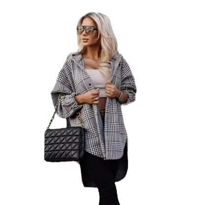 Surchemise Oversize Élégante à Motif Pied-de-Poule – Style Chic et Décontracté
